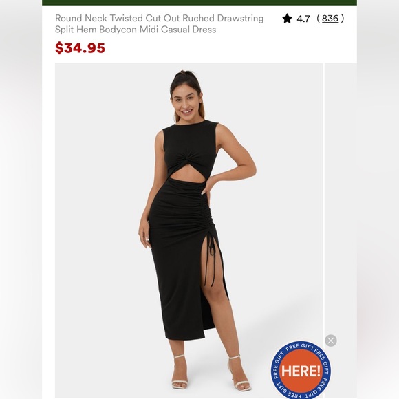 Round Neck Twisted Cut Out Ruched Drawstring Split Hem Bodycon Midi Casual Dress - Picture 2 of 4